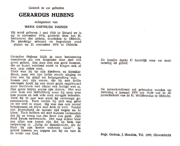 809_08_0304 Hubens, Gerarus : geboren op 3 mei 1918 te Sittard, overleden op 16 november 1978 te Obbicht