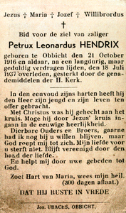809_08_0363 Hendrix, Petrux Leonardus : geboren op 21 oktober 1916 te Obbicht, overleden op 18 juli 1937 te Obbicht