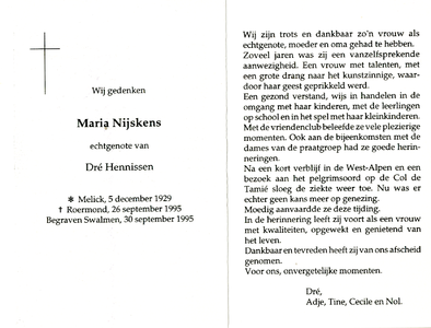 809_14_0058 Nijskens, Maria : geboren op 5 december 1929 te Melick, overleden op 26 september 1995 te Roermond