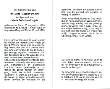 809_16_0222 Props, Willem Hubert : geboren op 26 augustus 1905 te Born, overleden op 12 mei 1983 te Sittard