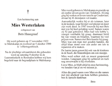809_23_0100 Westerlaken, Mies : geboren op 17 november 1922 te Maliskamp, overleden op 5 oktober 1999 te 's Hertogenbosch