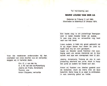 815_01_0008 Aa, van der, Marie Louise : geboren op 11 juli 1955 te Tilburg, overleden op 27 oktober 1974 te Udenhout