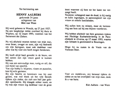 815_01_0014 Aalbers, Henny : geboren op 27 juni 1927 te Woezik, overleden op 12 maart 1993 te Wijchen