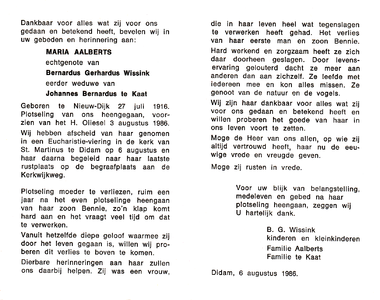 815_01_0017 Aalbers, Maria : geboren op 27 juli 1916 te Nieuw-Dijk, overleden op 3 augustus 1986