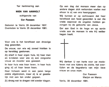815_01_0030 Aanholt, van, Mein : geboren op 28 december 1937 te Venlo, overleden op 25 december 1981 te Venlo