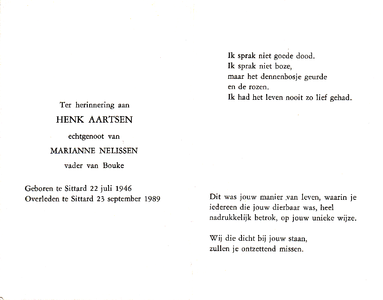 815_01_0093 Aartsen, Henk : geboren op 22 juli 1946 te Sittard, overleden op 23 september 1989 te Sittard