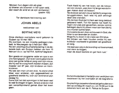  Abels, Johan : geboren op 10 mei 1931 te Gulpen, overleden op 5 februari 1990 te Nieuwegein