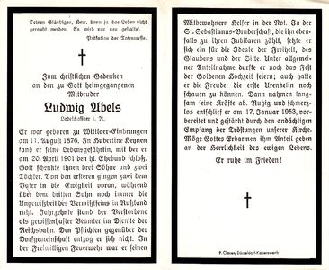  Abels, Ludwig : geboren op 11 augustus 1876 te Mittlaer-Finbrungen, overleden op 17 januari 1953