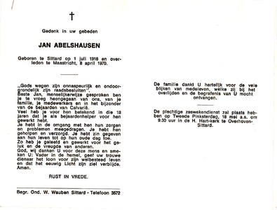  Abelshausen, Jan : geboren op 1 juli 1918 te Sittard, overleden op 8 april 1970 te Maastricht