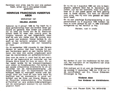  Aben, Henricus Franciscus Hubertus: geboren op 9 januari 1908 te Pey, overleden op 4 augustus 1989