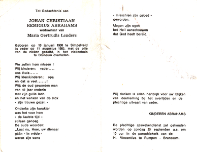  Abrahams, Johan Christiaan Remigius: geboren op 13 januari 1900 te Simpelveld, overleden op 11 augustus 1983 te Brunssum