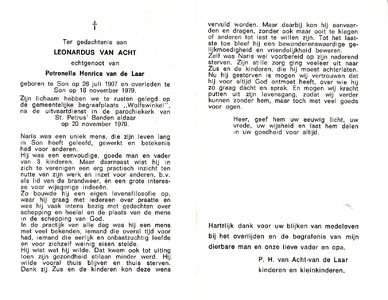  Acht, van, Leonardus : geboren op 26 juli 1907 te Son, overleden op 16 november 1979 te Eindhoven