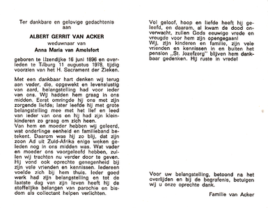 Acker, van, Albert Gerrit : geboren op 16 juni 1896 te Ijzendijke, overleden op 11 augustus 1978 te Tilburg