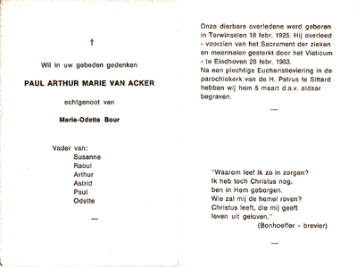  Acker, van, Paul Arthur Marie: geboren op 18 februari 1925 te Terwinselen, overleden op 28 februari 1983 te Eindhoven