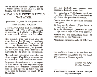  Acker, van, Merardus Ludovicus Petrus: geboren op 30 augustus 1903 te Hoodplaat, overleden op 4 juli 1986 te Brugge