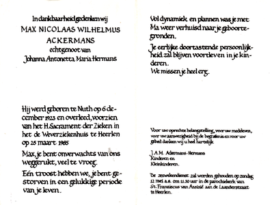 815_01_0168 Ackermans, Max Nicolaas Wilhelmus: geboren op 6 december 1923 te Nuth, overleden op 25 maart 1985 te Heerlen