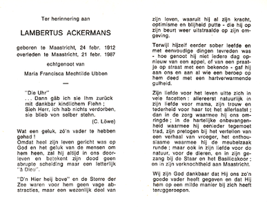 815_01_0170 Ackermans, Lambertus : geboren op 24 februari 1912 te Maastricht, overleden op 21 februari 1987 te Maastricht