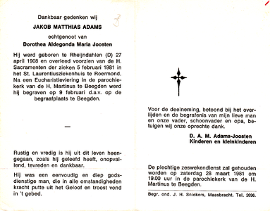 815_01_0180 Adams, Jacob Matthias : geboren op 27 april 1908 te Rheijndahlen Duitsland, overleden op 5 februari 1981 te ...