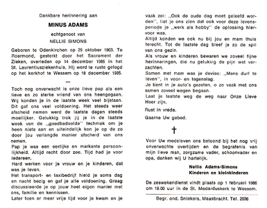 815_01_0182 Adams, Minus : geboren op 29 oktober 1903 te Odenkirchen, overleden op 14 december 1985 te Roermond