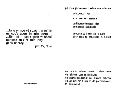 815_01_0184 Adams, Petrus Johannes Hubertus: geboren op 23 november 1902 te Linne, overleden op 24 april 1970 te Schinveld