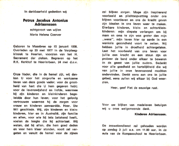 815_01_0218 Adriaanssen, Petrus Jacobus Antonius: geboren op 15 januari 1898 te Maasbree, overleden op 20 mei 1977 te Heerlen