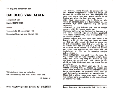 815_01_0230 Aeken, van, Carolus : geboren op 24 september1939 te Tessenderlo, overleden op 28 mei 1980 te ...