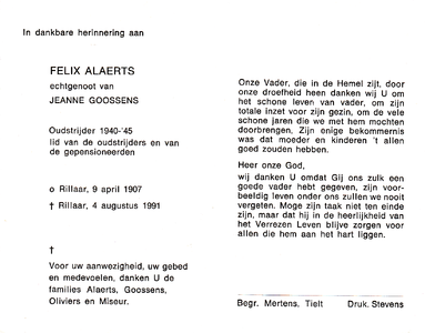 815_01_0331 Alaerts, Felix : geboren op 9 april 1907 te Rillaar, overleden op 4 augustus 1991 te Rillaar
