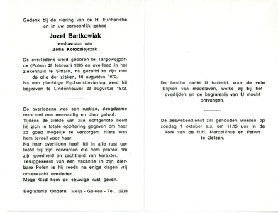 815_02_0409 Bartkowiak, Jozef : geboren op 28 februari 1895 te Targowejgórce (Polen), overleden op 18 augustus 1972 te ...