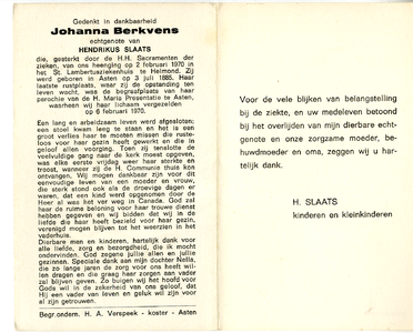 815_02_1288 Berkvens, Johanna : geboren op 3 juli 1885 te Asten, overleden op 2 februari 1970 te Helmond