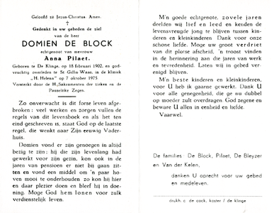 815_02_1798 Block, de, Domien : geboren op 18 februari 1902 te De Klinge, overleden op 7 oktober 1975 te St. Gillis-Waas