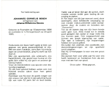 815_02_2081 Bosch, Johannes Cornelis : geboren op 10 september 1904 te Rosmalen, overleden op 23 apri l1985 te 's ...