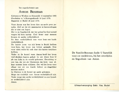 815_02_2342 Boxman, Anton : geboren op 11 september 1903 te Werken en Sleeuwijk, overleden op 16 juni 1978 te 's ...