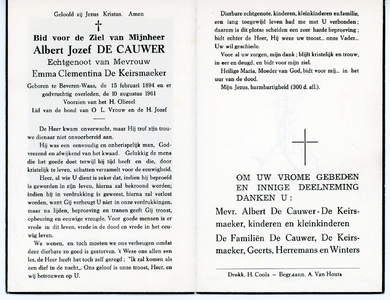 815_03_0610 Cauwer, de, Albert Jozef : geboren op 15 februari 1894 te Beveren-Waas, overleden op 10 augustus 1961 te ...