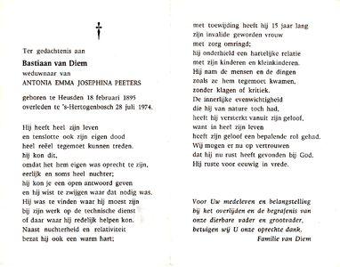 815_04_0831 Diem, van, Bastiaan : geboren op 18 februari 1895 te Heusden, overleden op 28 juli 1974 te 's Hertogenbosch
