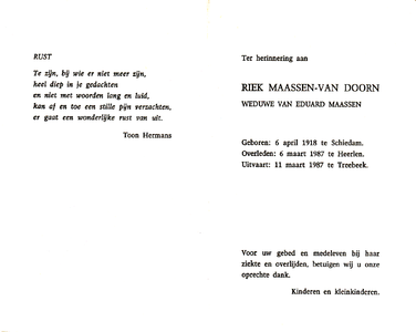 815_04_1340 Doorn, van, Riek : geboren op 6 april 1918 te Schiedam, overleden op 6 maart 1987 te Heerlen