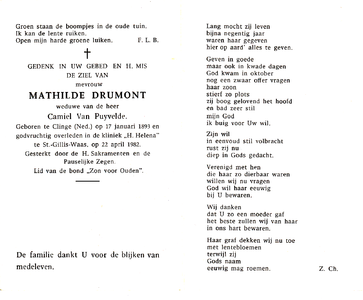 815_04_1470 Drumont, Mathilde : geboren op 17 januari 1893 te Clinge, overleden op 22 april 1982 te St.Gillis-Waas