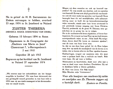 815_04_1672 Driel, van, Zuster Theresia Henrica Maria,Godefrida: geboren op 15 februari 1894 te Asten, overleden op 23 ...