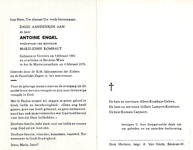 815_05_0265 Engel, Antoine : geboren op 5 februari 1901Beveren-Waas te Verviers, overleden op 4 februari 1976 te St. ...