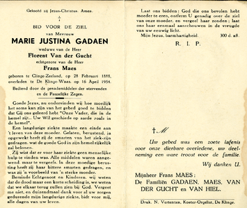 815_07_0022 Gadaen, Marie Justina : geboren op 28 februari 1888 te Clinge-Zeeland, overleden op 16 april 1954 te De ...