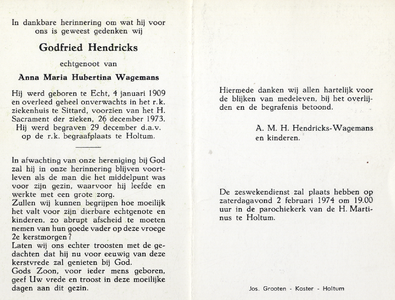 815_08_1074 Hendricks, Godfried: geboren op 4 januari 1909 te Echt, overleden op 26 december 1973 te Sittard