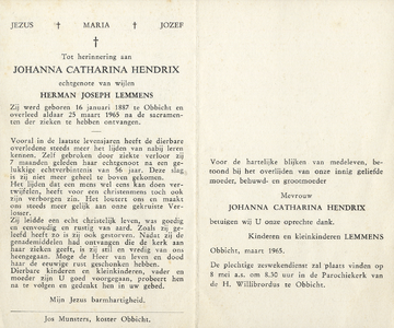 815_08_1374 Hendrix, Johanna Catharina: geboren op 16 januari 1887 te Obbicht, overleden op 25 maart 1965 te Obbicht