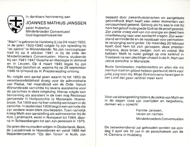 815_10_0340 Janssen, Pater Hubertus Joannes Mathijs: geboren op 4 maart 1920 te Hulsberg, overleden op 20 februari