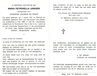 815_10_0566 Janssen, Maria Petronella: geboren op 7 maart 1921 te Blerick, overleden op 2 mei 1980 te Roermond