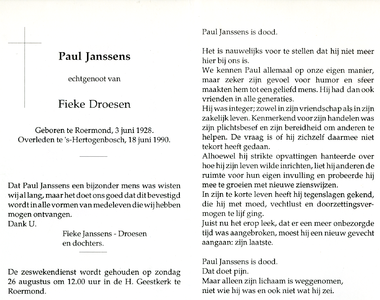 815_10_0947 Janssens, Paul: geboren op 3 juni 1928 te Roermond, overleden op 18 juni 1990 te 's Hertogenbosch