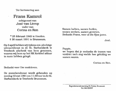 815_11_0090 Kamzol, Frans: geboren op 25 februari 1945 te Heerlen, overleden op 30 maar 1991 te Brunssum