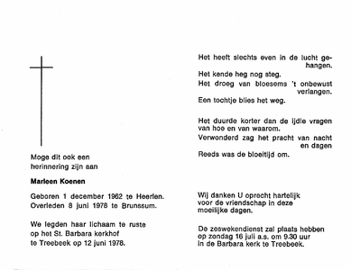 815_11_1294 Koenen, Marleen: geboren op 1 december 1962 te Heerlen, overleden op 8 juni 1978 te Brunssum