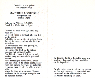 815_12_1276 Lonussen, Mathieu: geboren op 1 mei 1915 te Wittem, overleden op 10 augustus 1984 te epen