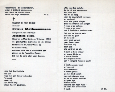 815_13_0537 Matheeuwsens, Petrus: geboren op 19 januari 1898 te Meerdonk, overleden op 6 oktober 1980 te St. Gillis-Waas (B.)