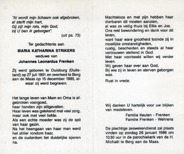 815_19__3875_a Strikers, Maria Katharina: geboren op 27 juli 1901 te Duisburg (Dld), overleden op 15 december 1985 te ...