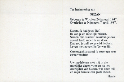 815_19__4059_a ??, Suzan: geboren op 24 januari 1947 te Wijchen, overleden op 7 april 1987 te Nijmegen